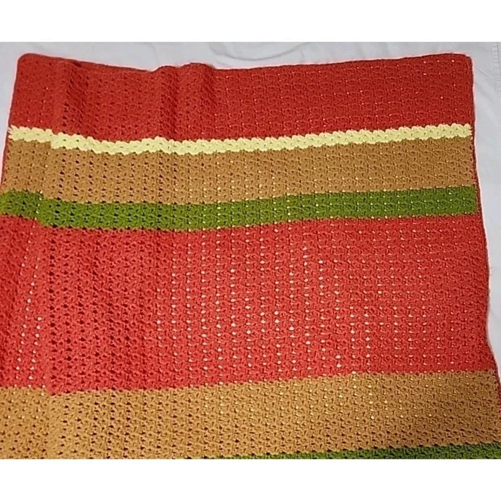 Large Handmade Crocheted Afghan, Orange Yellow Brown Green Stripes, 56 X 72